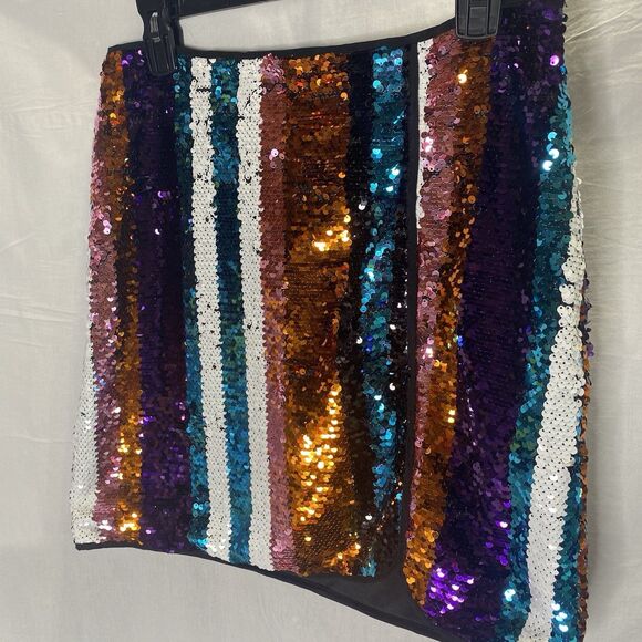 JUN & IVY Skirt Sequin Striped Mini Vibrant Party Fully Lined Rainbow Womens L - Picture 2 of 11